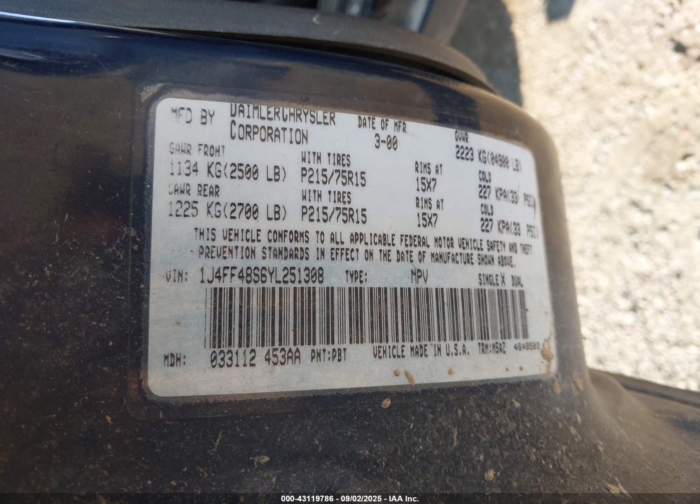 2000 JEEP CHEROKEE SPORT VIN: 1J4FF48S6YL251308