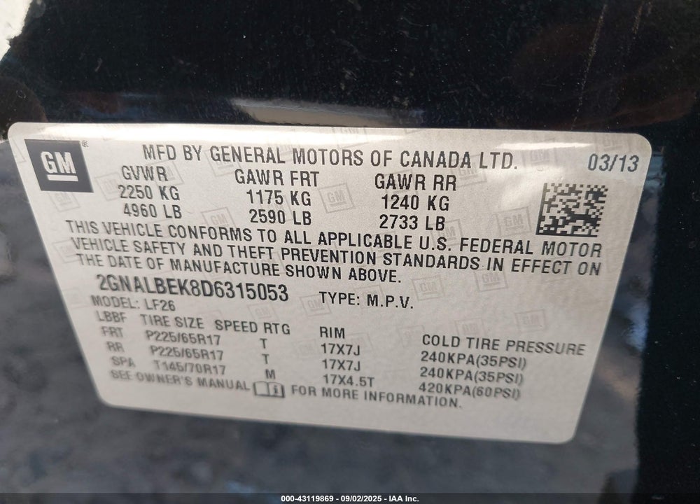 2013 CHEVROLET EQUINOX LS VIN: 2GNALBEK8D6315053