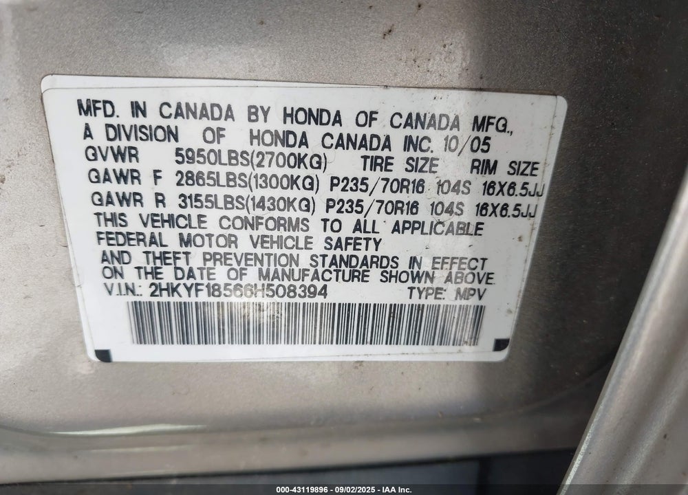 2006 HONDA PILOT EX-L VIN: 2HKYF18566H508394