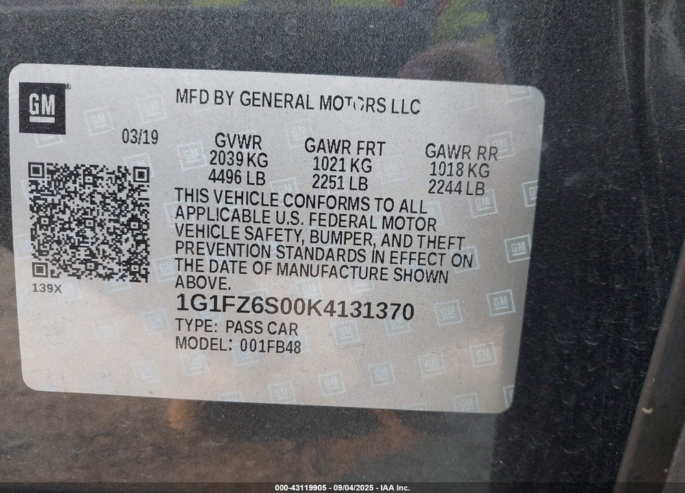 2019 CHEVROLET BOLT EV VIN: 1G1FZ6S00K4131370