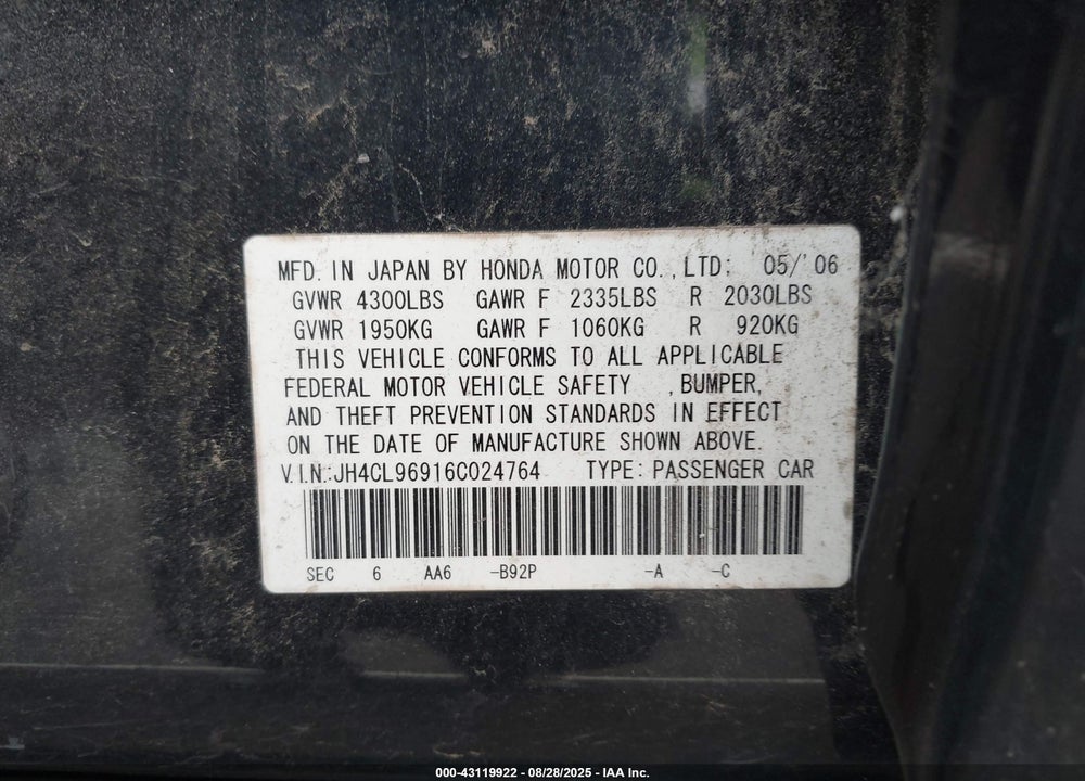 2006 ACURA TSX VIN: JH4CL96916C024764
