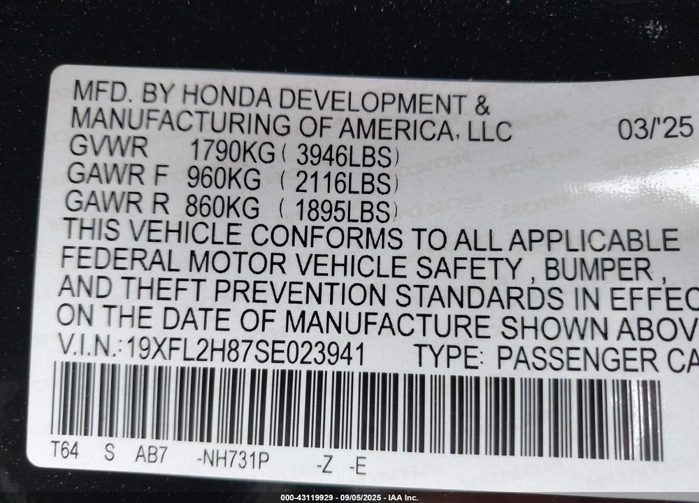 2025 HONDA CIVIC VIN: 19XFL2H87SE023941