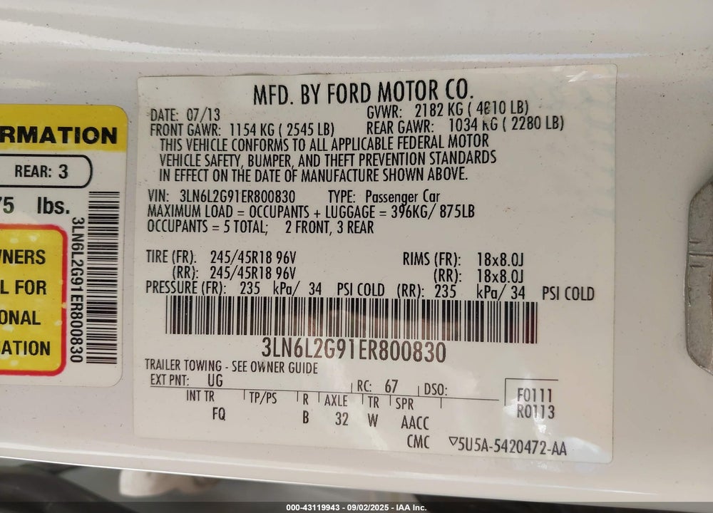 2014 LINCOLN MKZ VIN: 3LN6L2G91ER800830