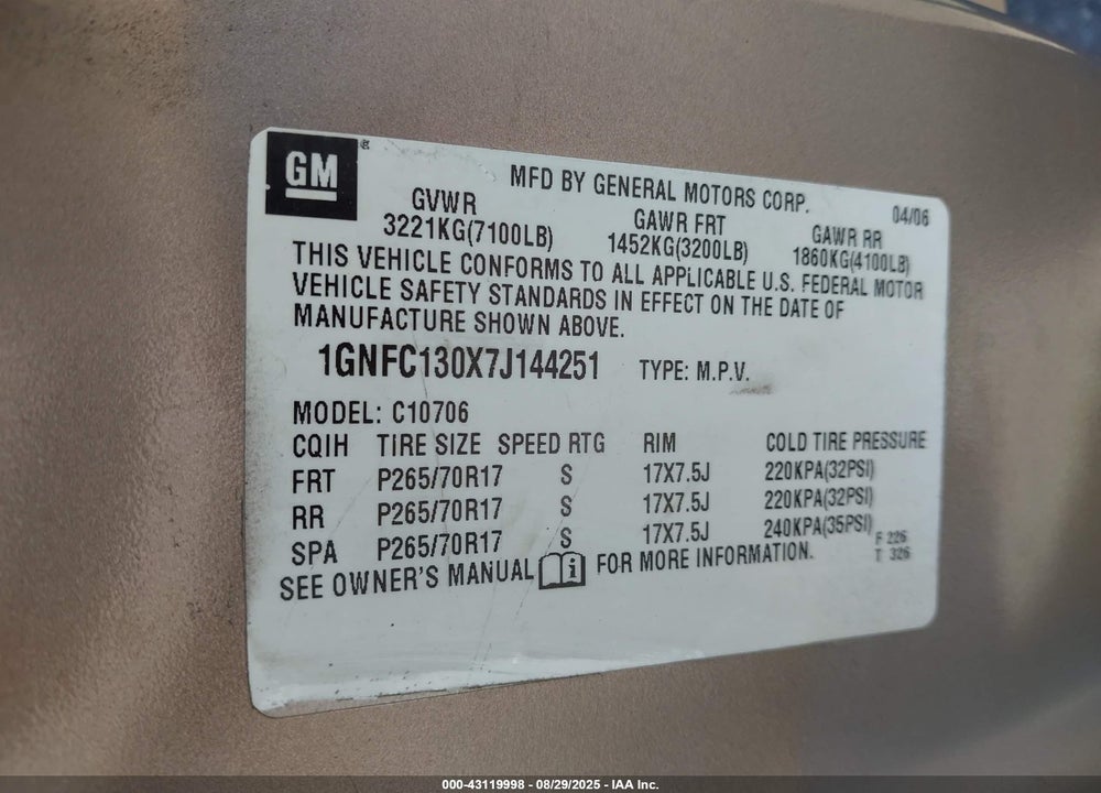 2007 CHEVROLET TAHOE LS VIN: 1GNFC130X7J144251