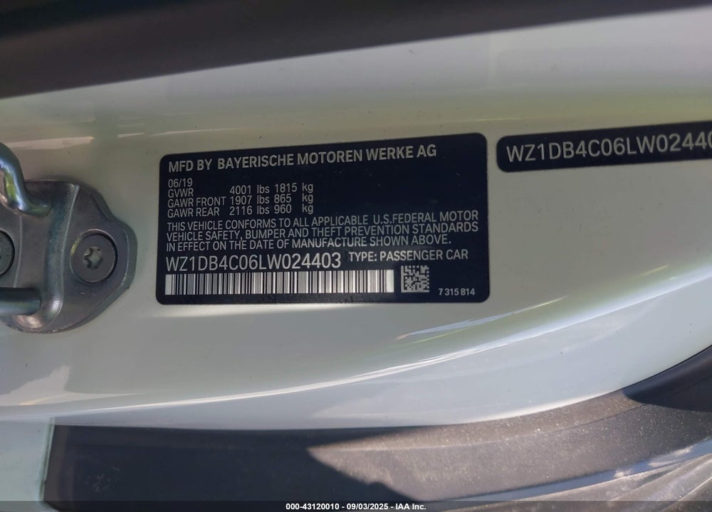 2020 TOYOTA SUPRA VIN: WZ1DB4C06LW024403