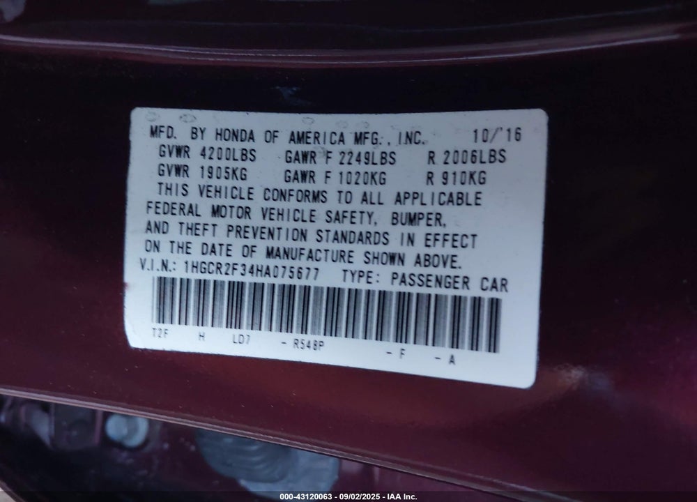 2017 HONDA ACCORD VIN: 1HGCR2F34HA075677
