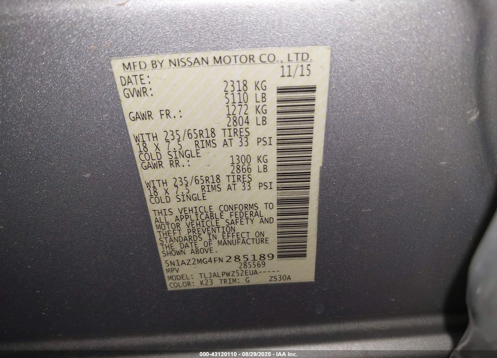 2015 NISSAN MURANO VIN: 5N1AZ2MG4FN285189