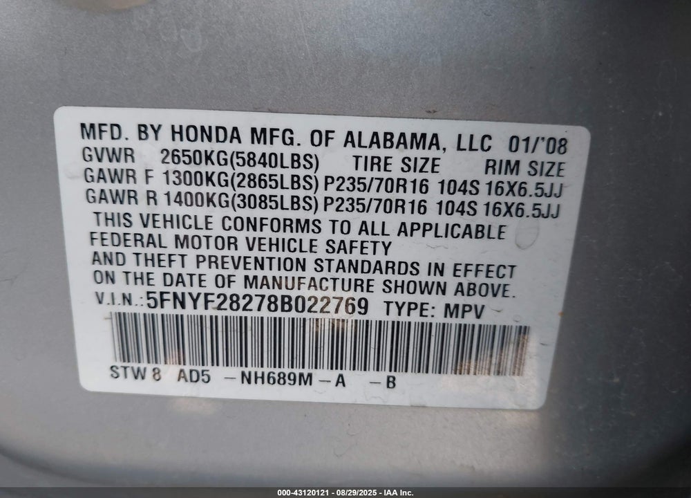 2008 HONDA PILOT VP VIN: 5FNYF28278B022769