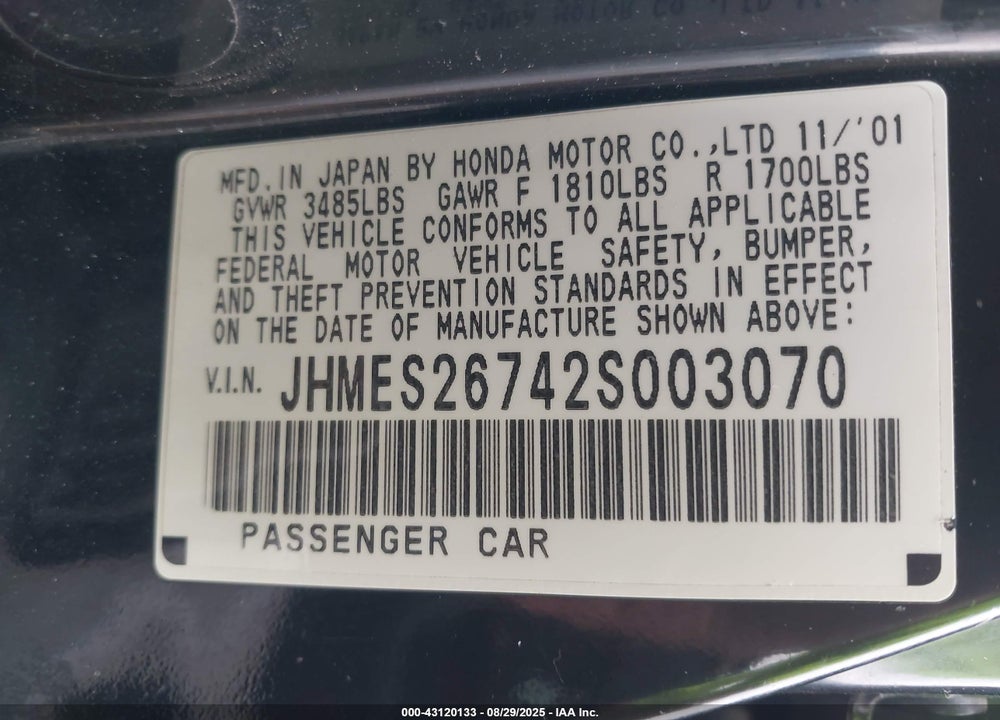 2002 HONDA CIVIC EX VIN: JHMES26742S003070