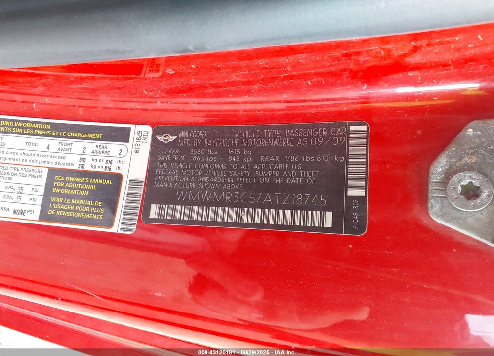 2010 MINI COOPER VIN: WMWMR3C57ATZ18745
