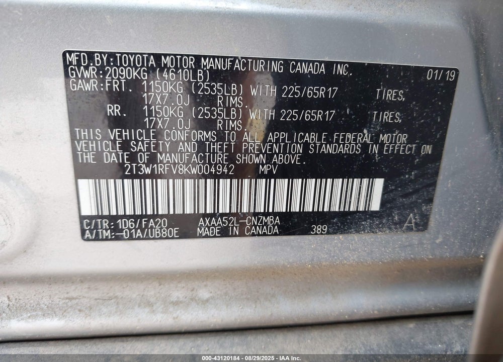 2019 TOYOTA RAV4 VIN: 2T3W1RFV8KW004942