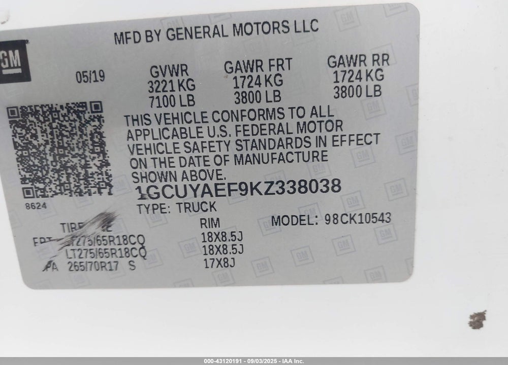 2019 CHEVROLET SILVERADO 1500 VIN: 1GCUYAEF9KZ338038