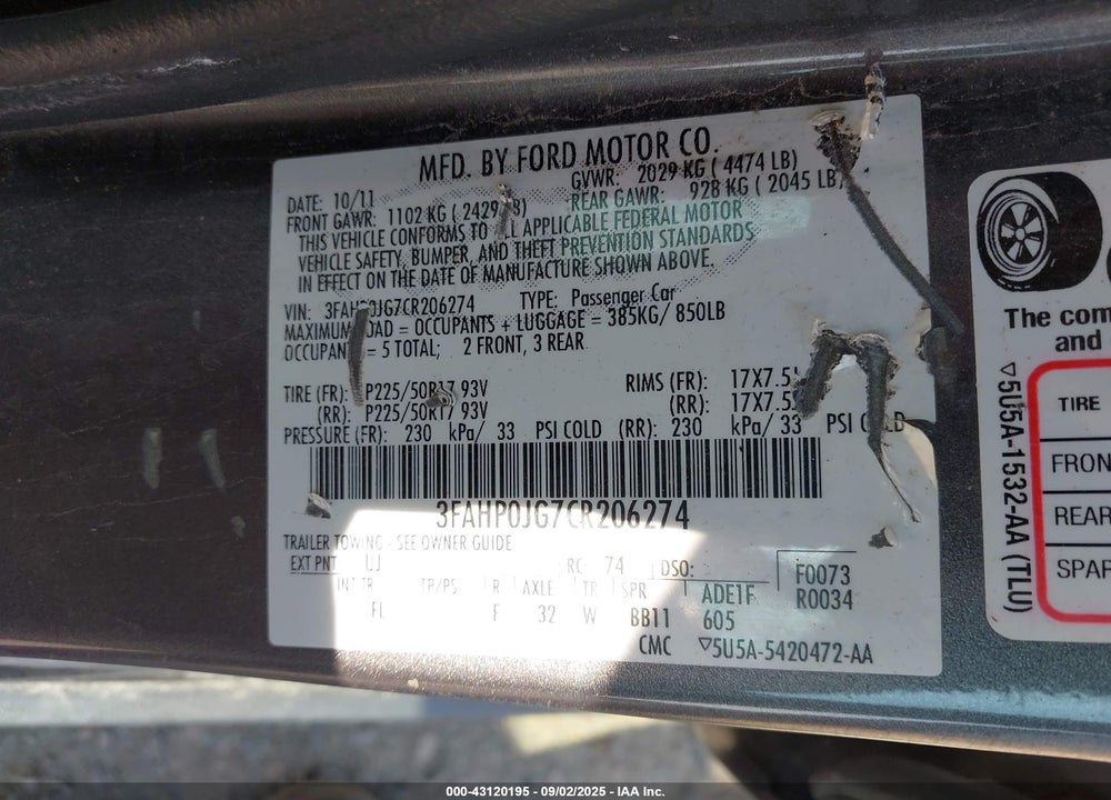 2012 FORD FUSION VIN: 3FAHP0JG7CR206274