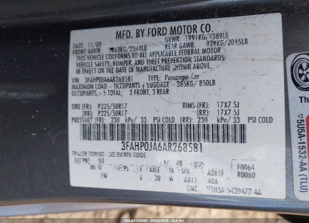 2010 FORD FUSION VIN: 3FAHP0JA6AR268581