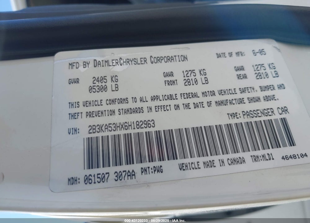 2006 DODGE CHARGER RT VIN: 2B3KA53HX6H182963