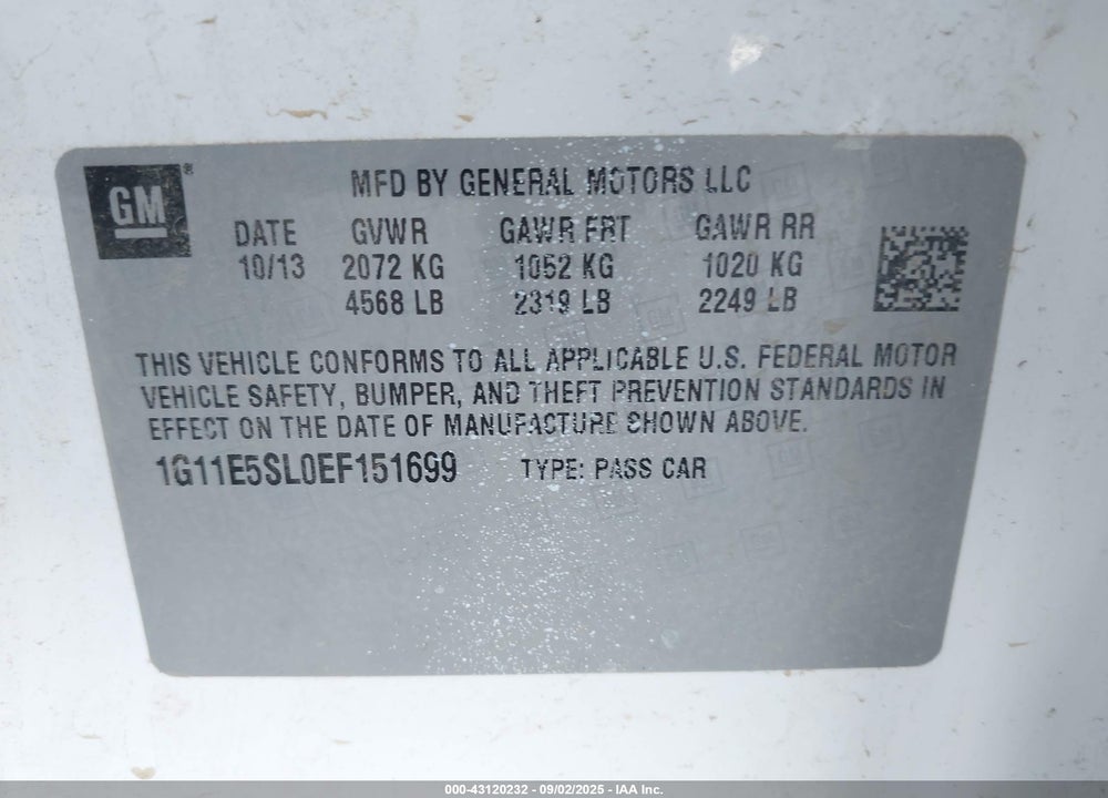 2014 CHEVROLET MALIBU VIN: 1G11E5SL0EF151699