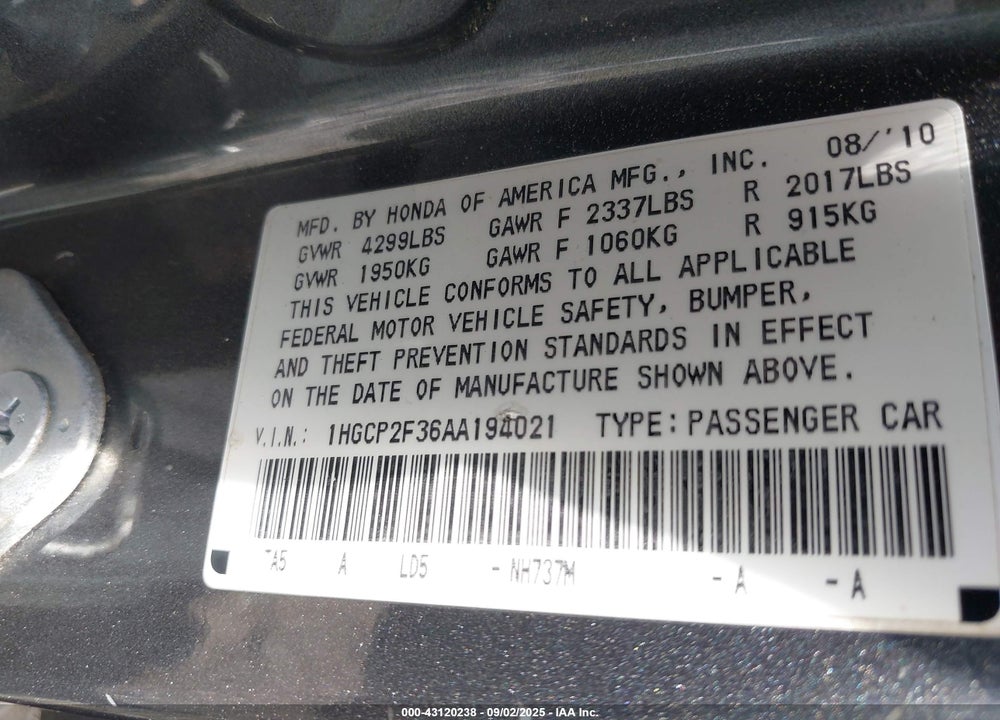 2010 HONDA ACCORD VIN: 1HGCP2F36AA194021