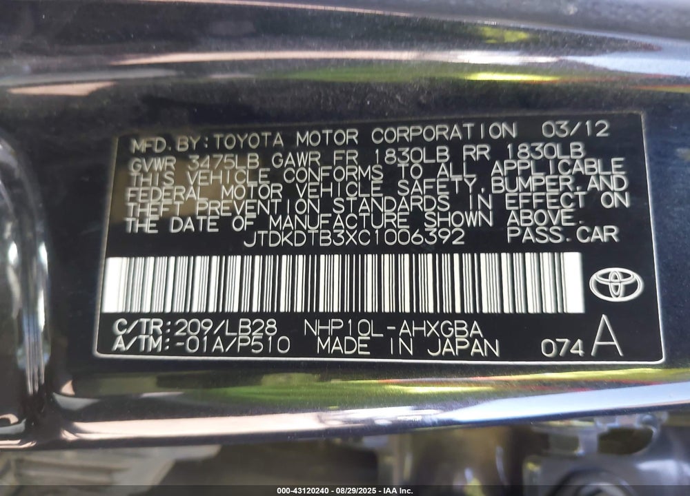 2012 TOYOTA PRIUS C VIN: JTDKDTB3XC1006392
