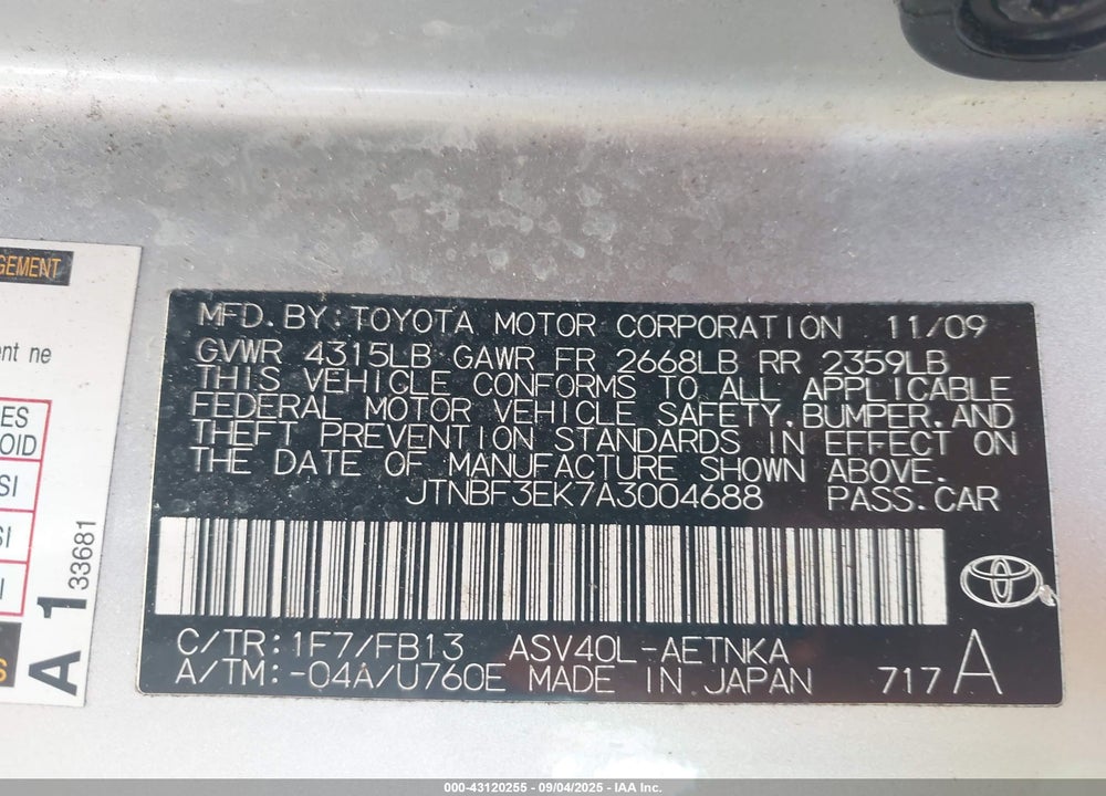 2010 TOYOTA CAMRY LE VIN: JTNBF3EK7A3004688