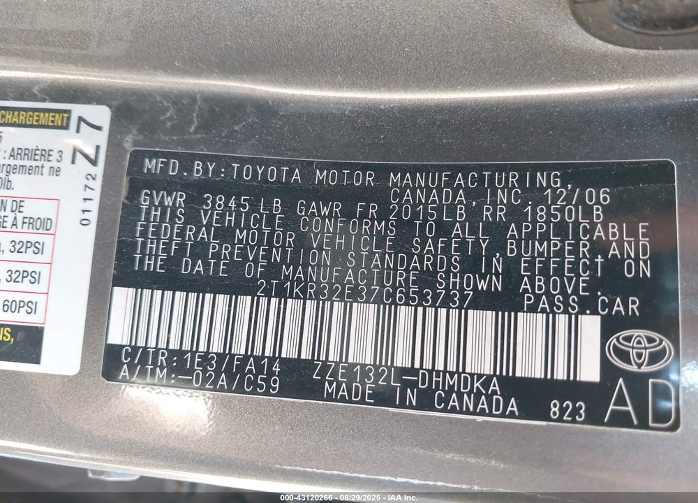 2007 TOYOTA MATRIX VIN: 2T1KR32E37C653737