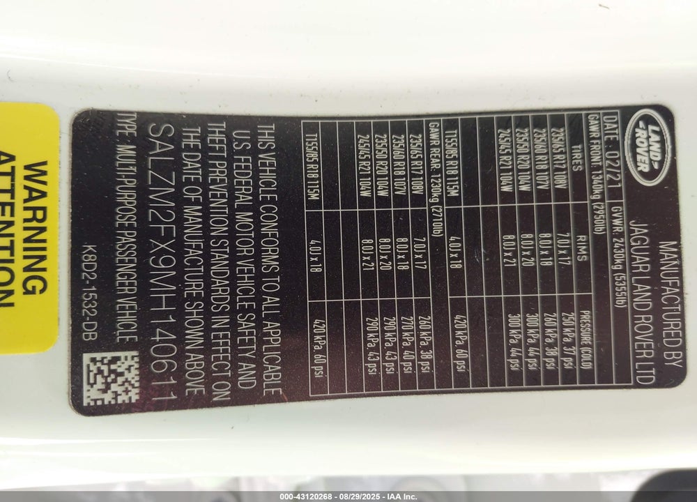 2021 LAND ROVER RANGE ROVER EVOQUE VIN: SALZM2FX9MH140611