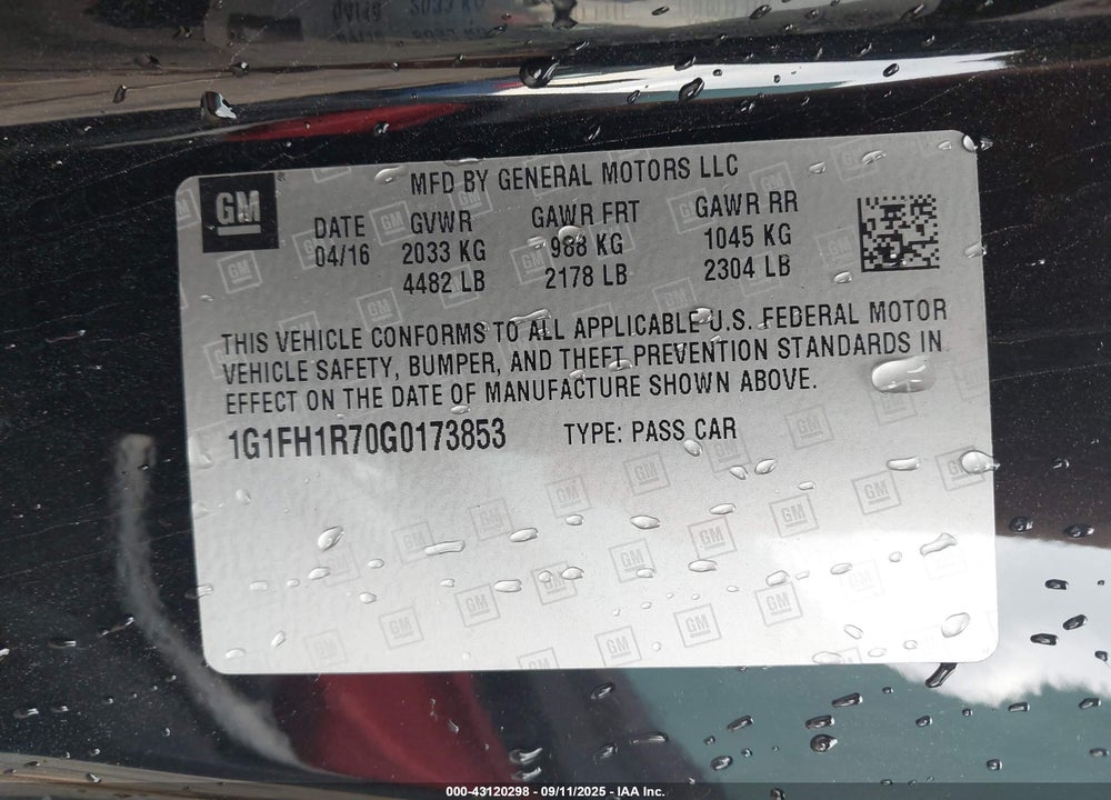 2016 CHEVROLET CAMARO VIN: 1G1FH1R70G0173853