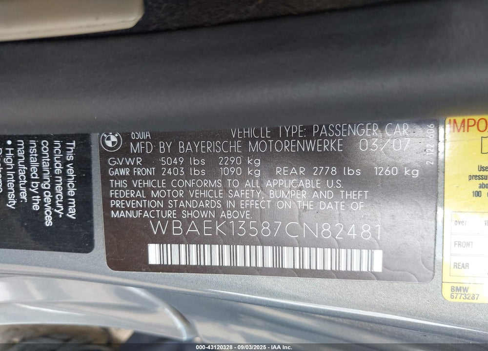 2007 BMW 650I VIN: WBAEK13587CN82481