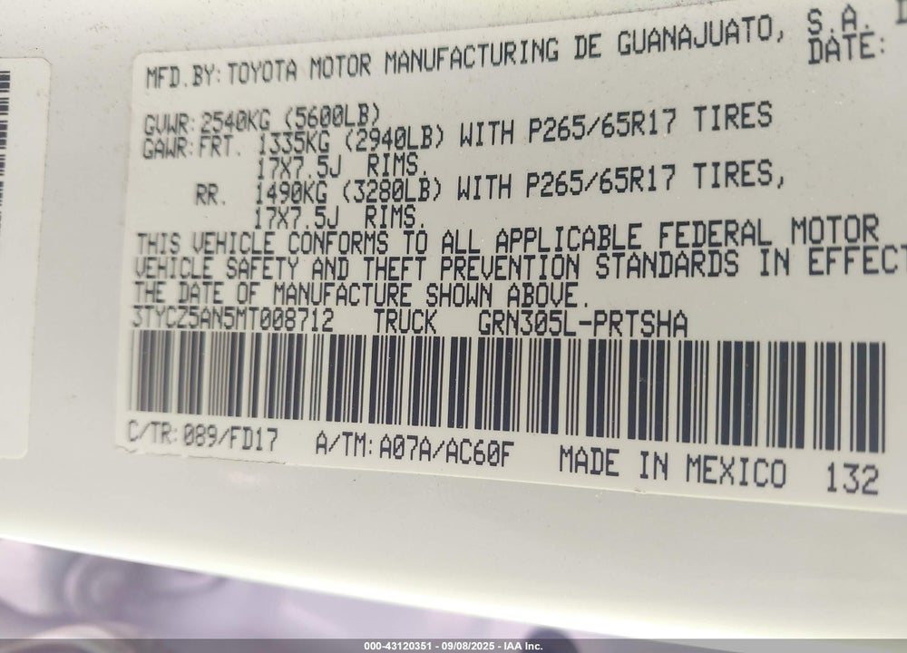 2021 TOYOTA TACOMA TRD SPORT VIN: 3TYCZ5AN5MT008712