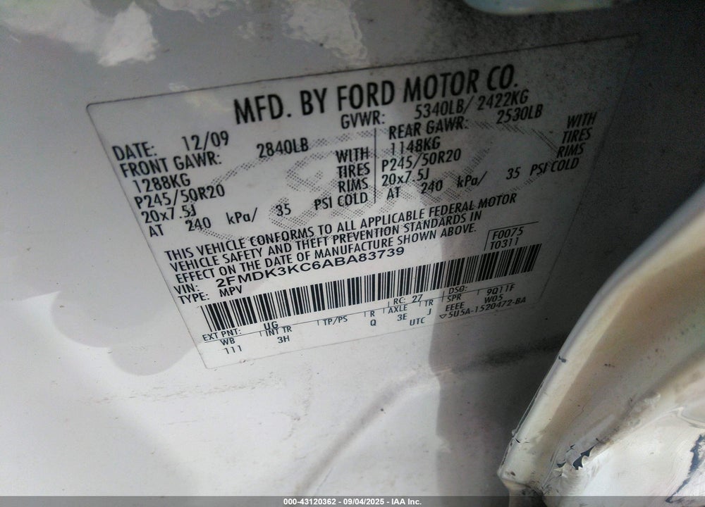 2010 FORD EDGE VIN: 2FMDK3KC6ABA83739