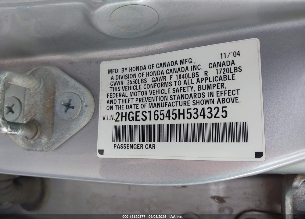 2005 HONDA CIVIC LX VIN: 2HGES16545H534325