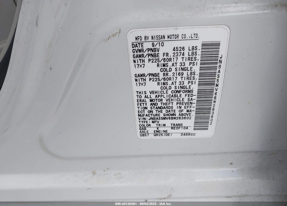 2011 NISSAN ROGUE VIN: JN8AS5MV6BW263602