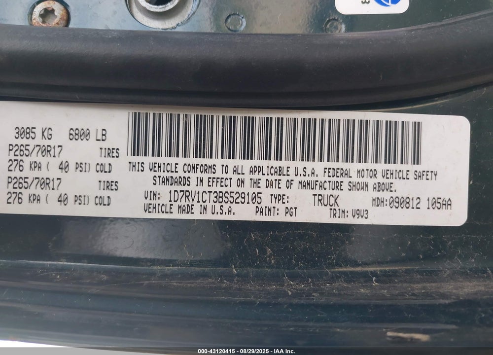 2011 RAM 1500 VIN: 1D7RV1CT3BS529105