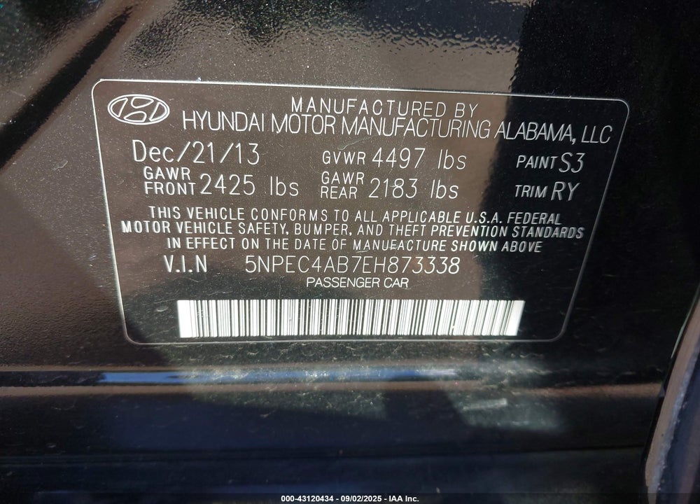 2014 HYUNDAI SONATA VIN: 5NPEC4AB7EH873338