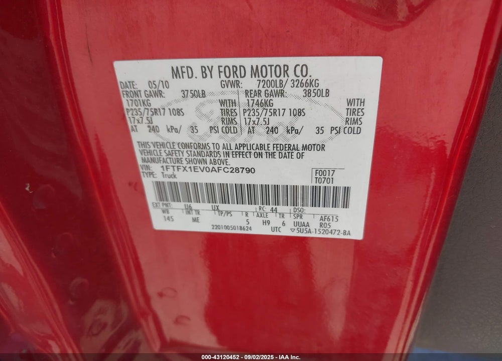 2010 FORD F-150 VIN: 1FTFX1EV0AFC28790