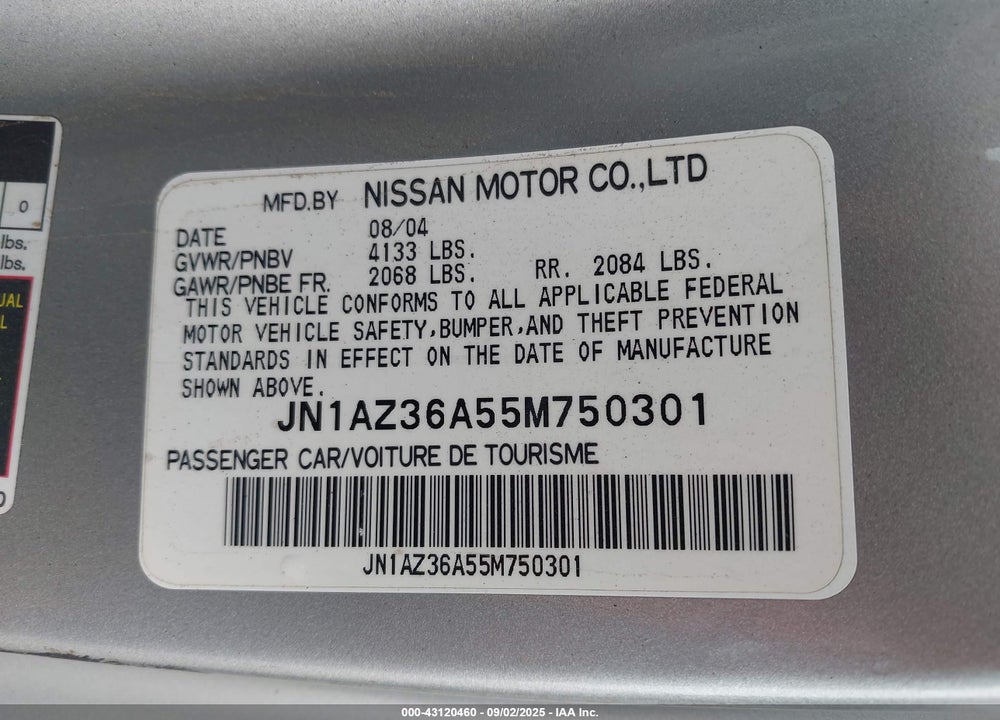 2005 NISSAN 350Z TOURING VIN: JN1AZ36A55M750301