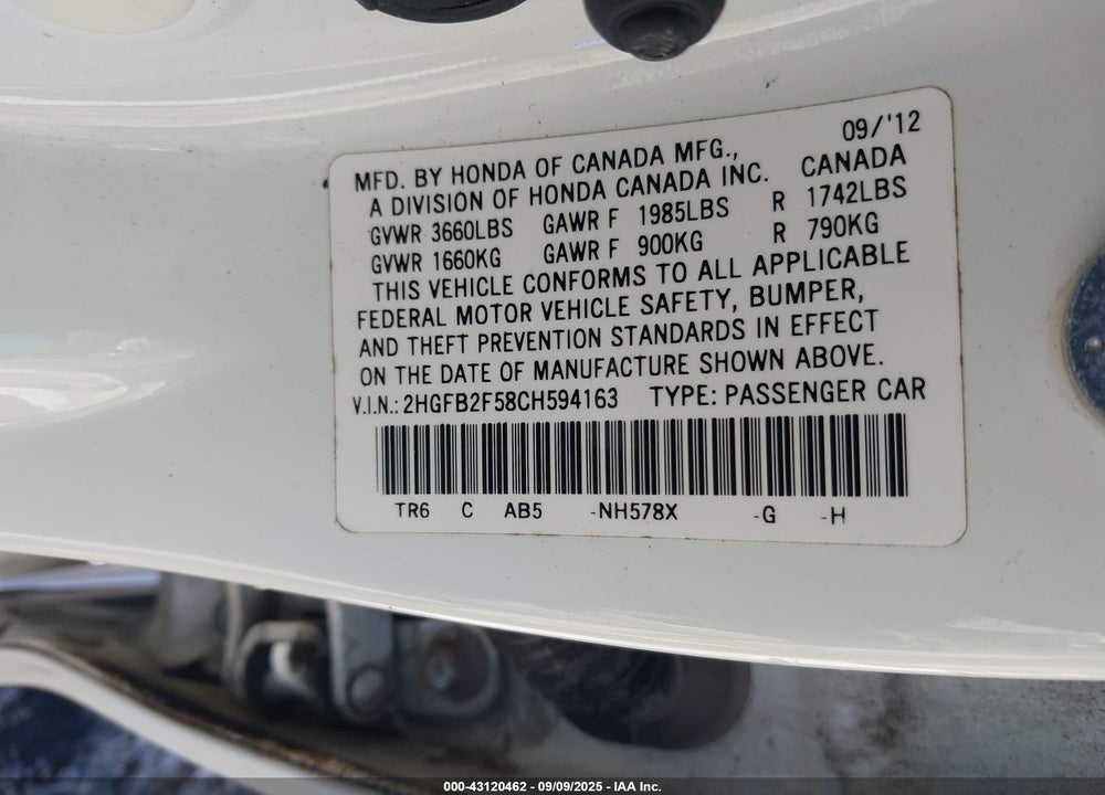 2012 HONDA CIVIC LX VIN: 2HGFB2F58CH594163