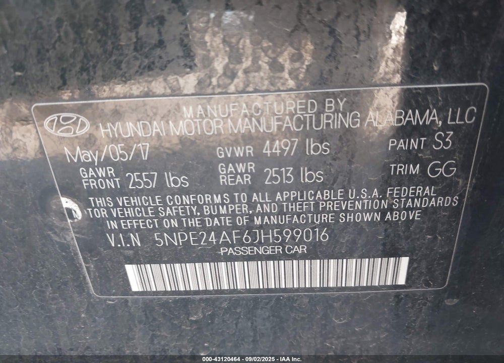 2018 HYUNDAI SONATA VIN: 5NPE24AF6JH599016
