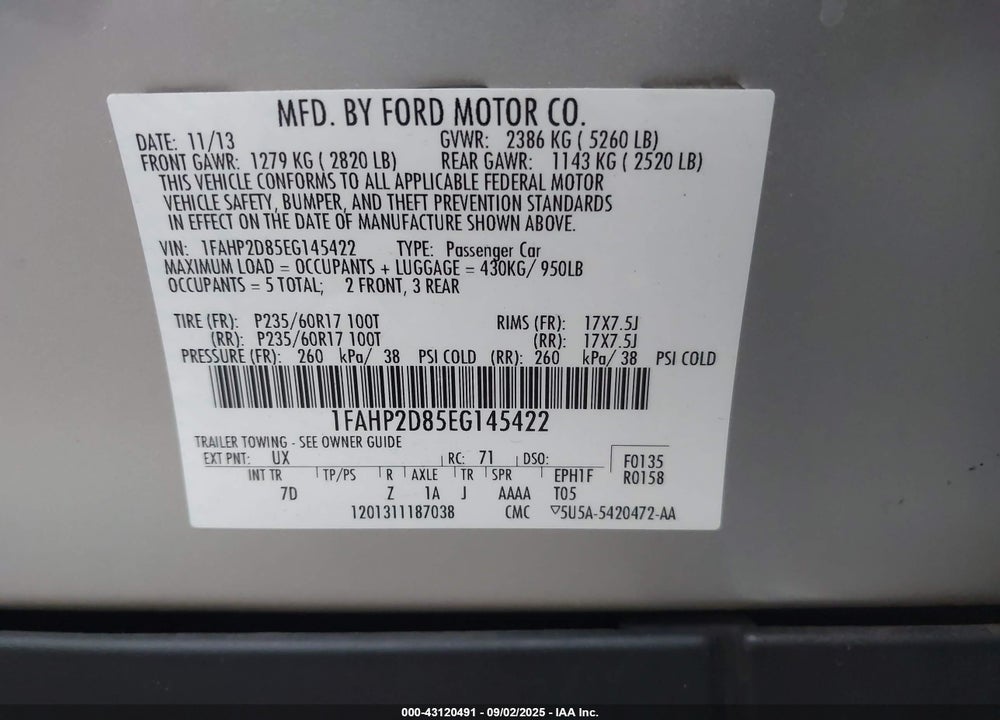 2014 FORD TAURUS VIN: 1FAHP2D85EG145422