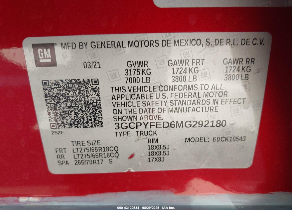 2021 CHEVROLET SILVERADO 1500 VIN: 3GCPYFED6MG292180