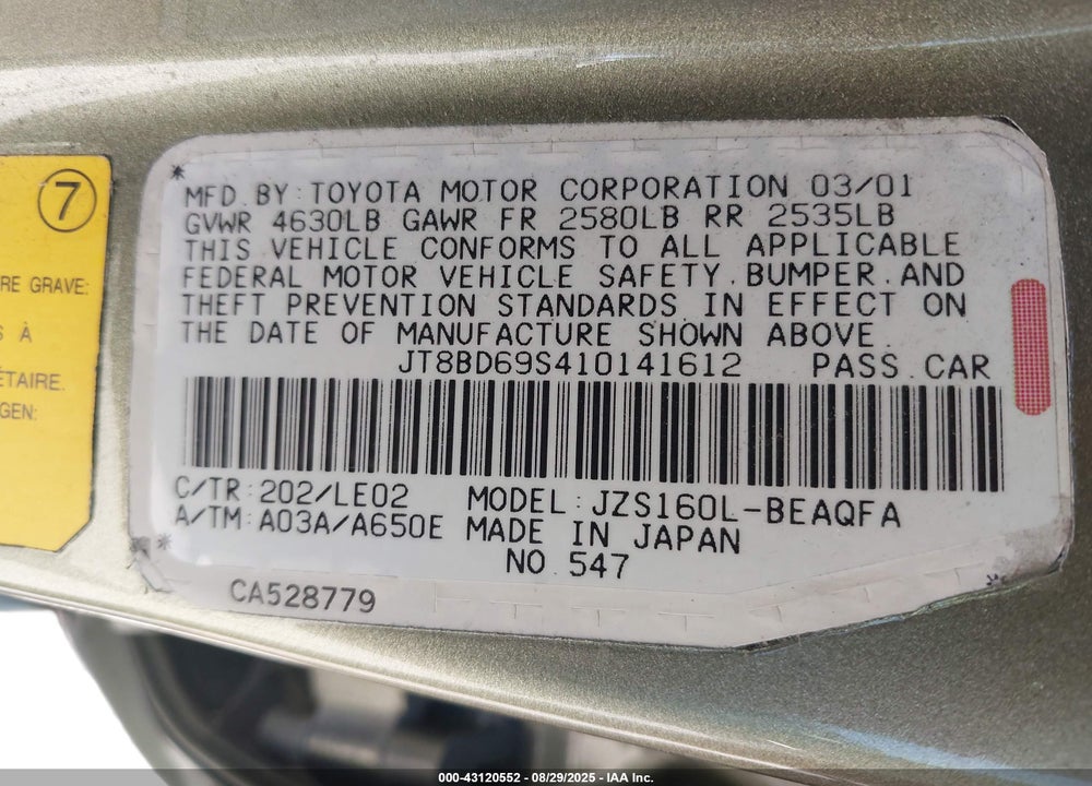 2001 LEXUS GS 300 VIN: JT8BD69S410141612