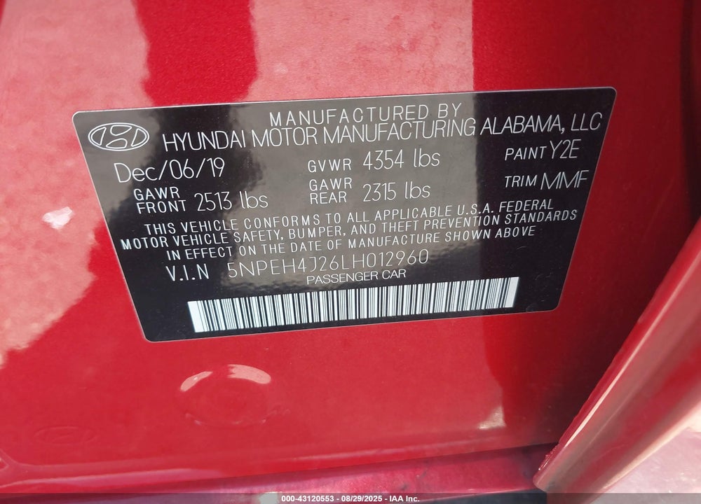 2020 HYUNDAI SONATA LIMITED VIN: 5NPEH4J26LH012960