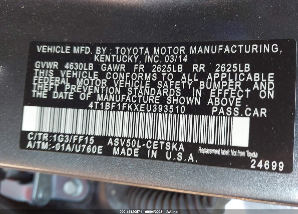2014 TOYOTA CAMRY SE VIN: 4T1BF1FKXEU393510