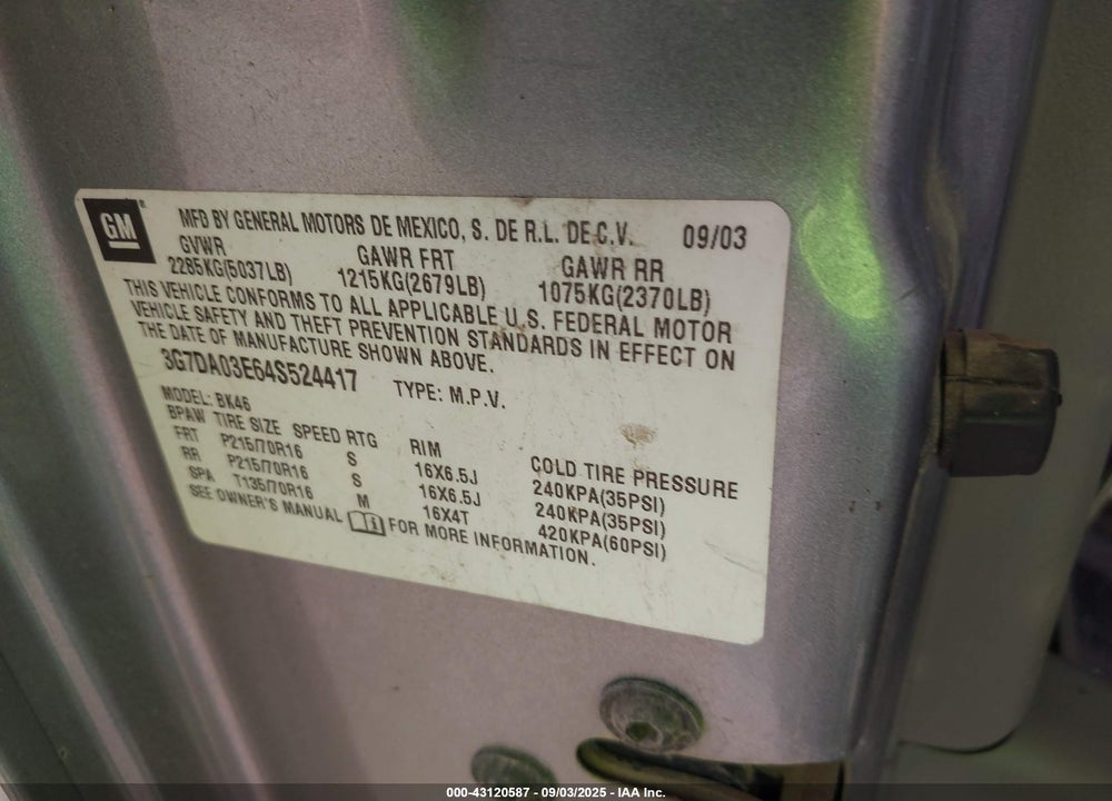 2004 PONTIAC AZTEK VIN: 3G7DA03E64S524417