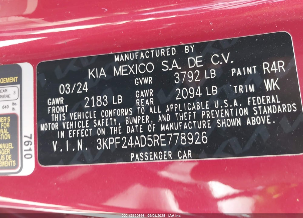 2024 KIA FORTE LXS VIN: 3KPF24AD5RE778926