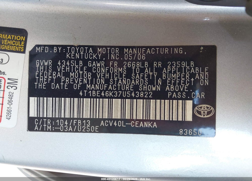 2007 TOYOTA CAMRY LE VIN: 4T1BE46K37U543822