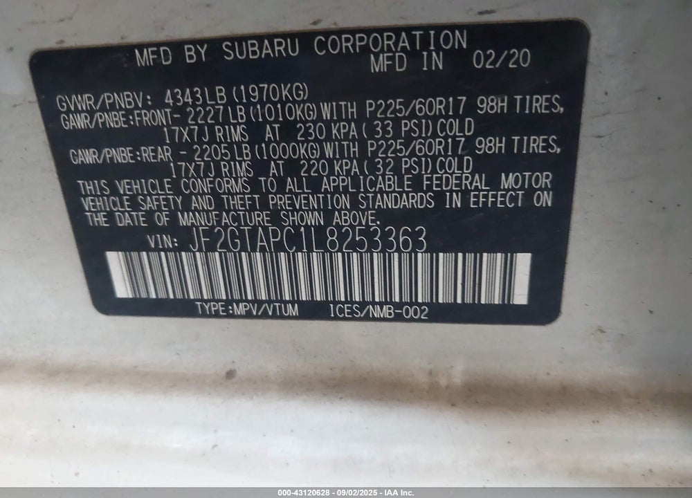 2020 SUBARU CROSSTREK PREMIUM VIN: JF2GTAPC1L8253363