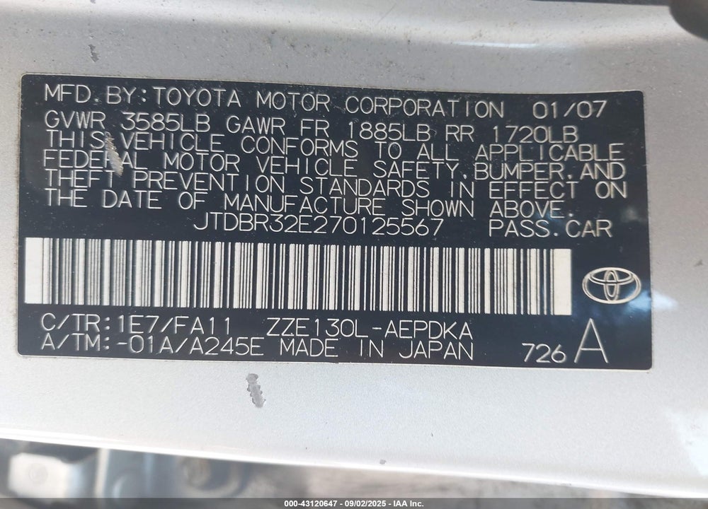 2007 TOYOTA COROLLA CE VIN: JTDBR32E270125567