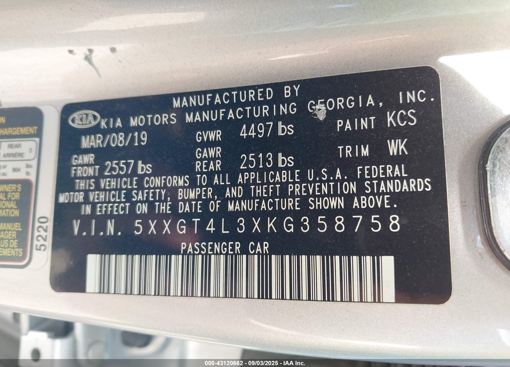 2019 KIA OPTIMA VIN: 5XXGT4L3XKG358758