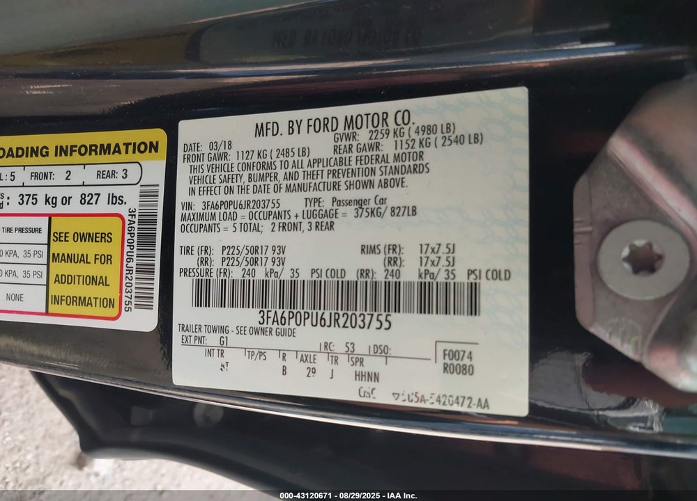 2018 FORD FUSION VIN: 3FA6P0PU6JR203755