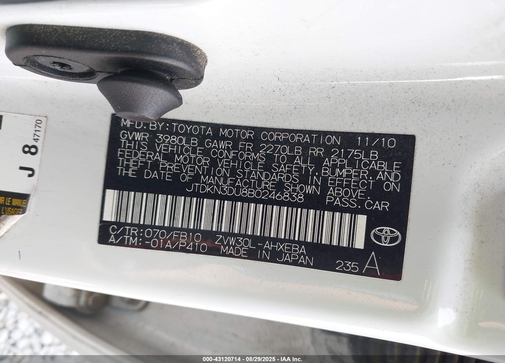 2011 TOYOTA PRIUS VIN: JTDKN3DU8B0246838